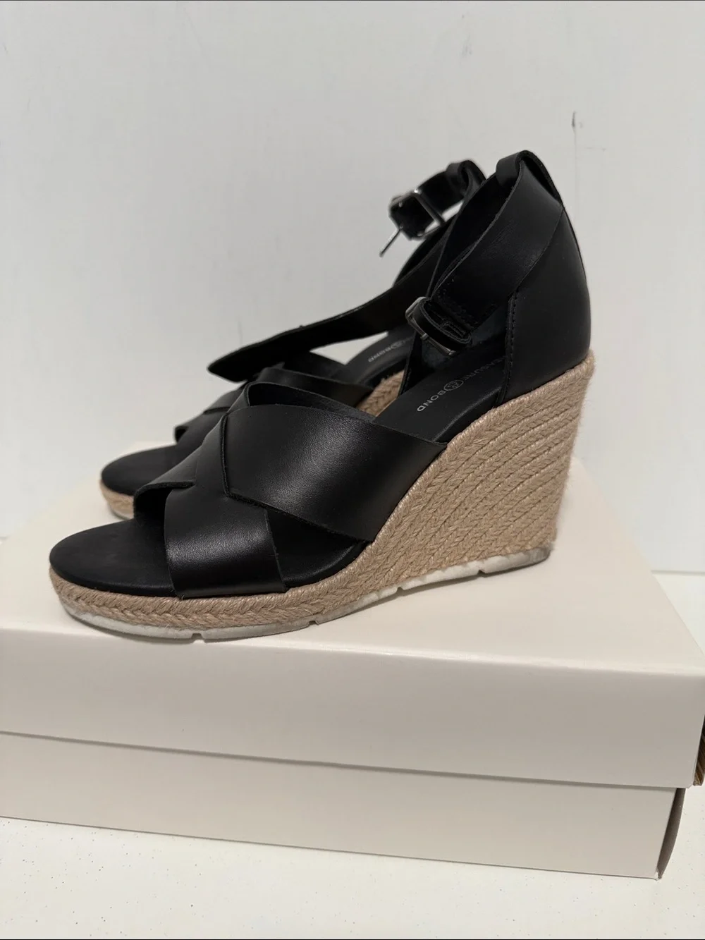 Treasure & Bond Black Leather Wedge Espadrille Sandals